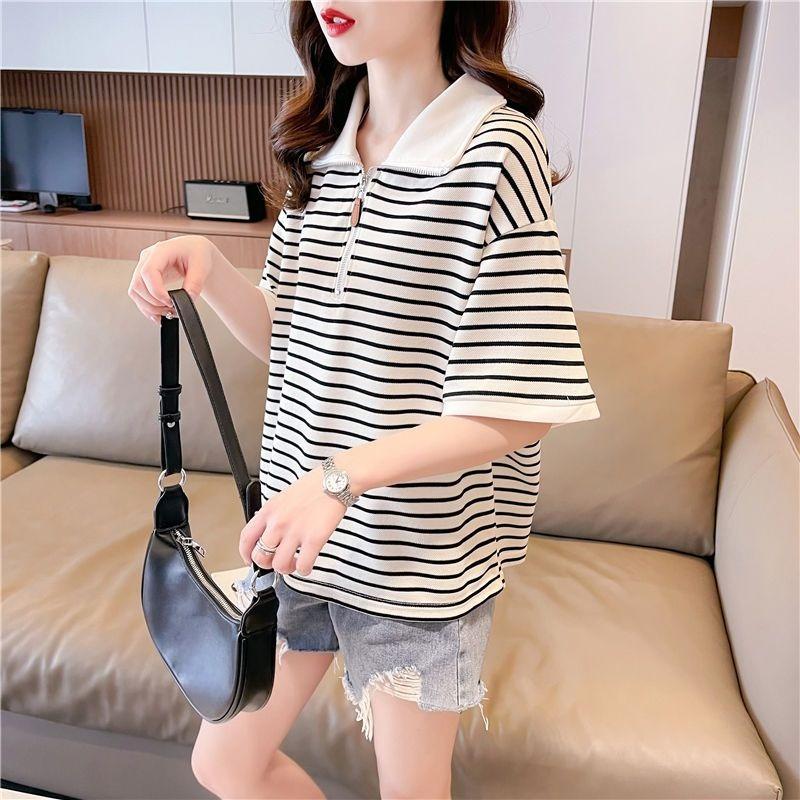 Striped Women's T-shirt Black White Contrast Turn Down Collar Half Zippers Short Sleeved Tees Korean Style Summer New Loose Casual Lady Top