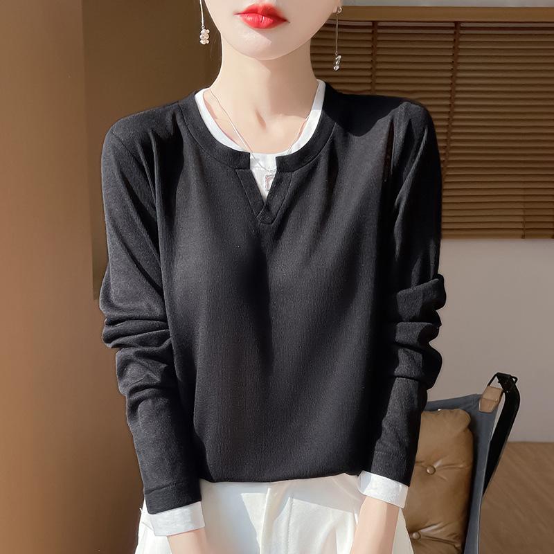 A Multicolored Knitted Sweater A Summer Thin Long-sleeved T-shirt Is Worn Over A Top As A Base Layer