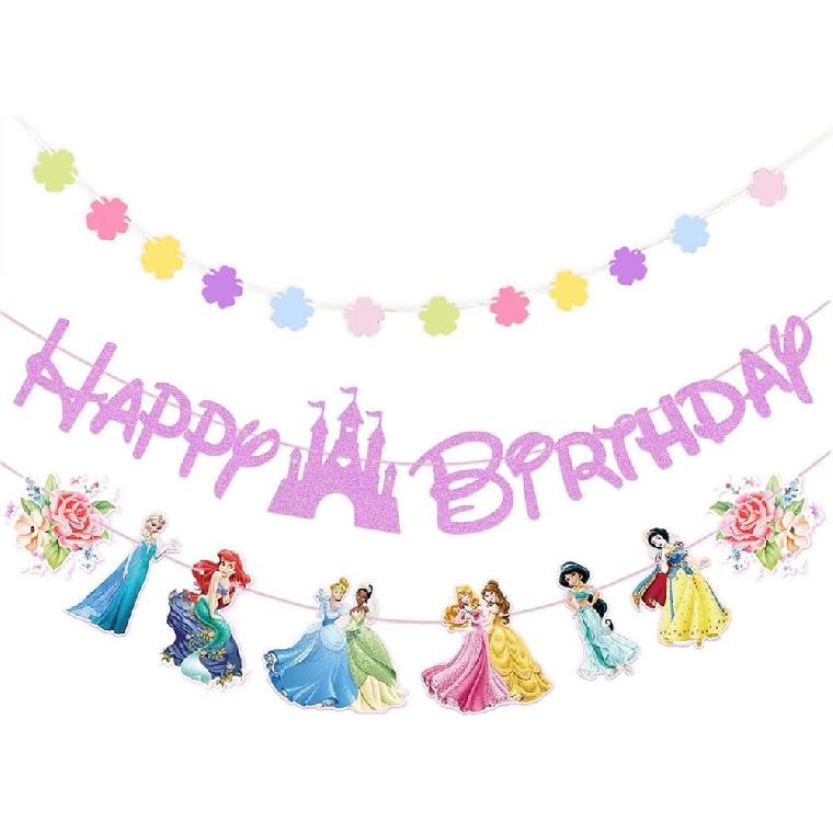Pink Princess Birthday Banner for Girls, Princess Themed Happy Birthday Party Decoration For Kids Party Baby Shower Decorations