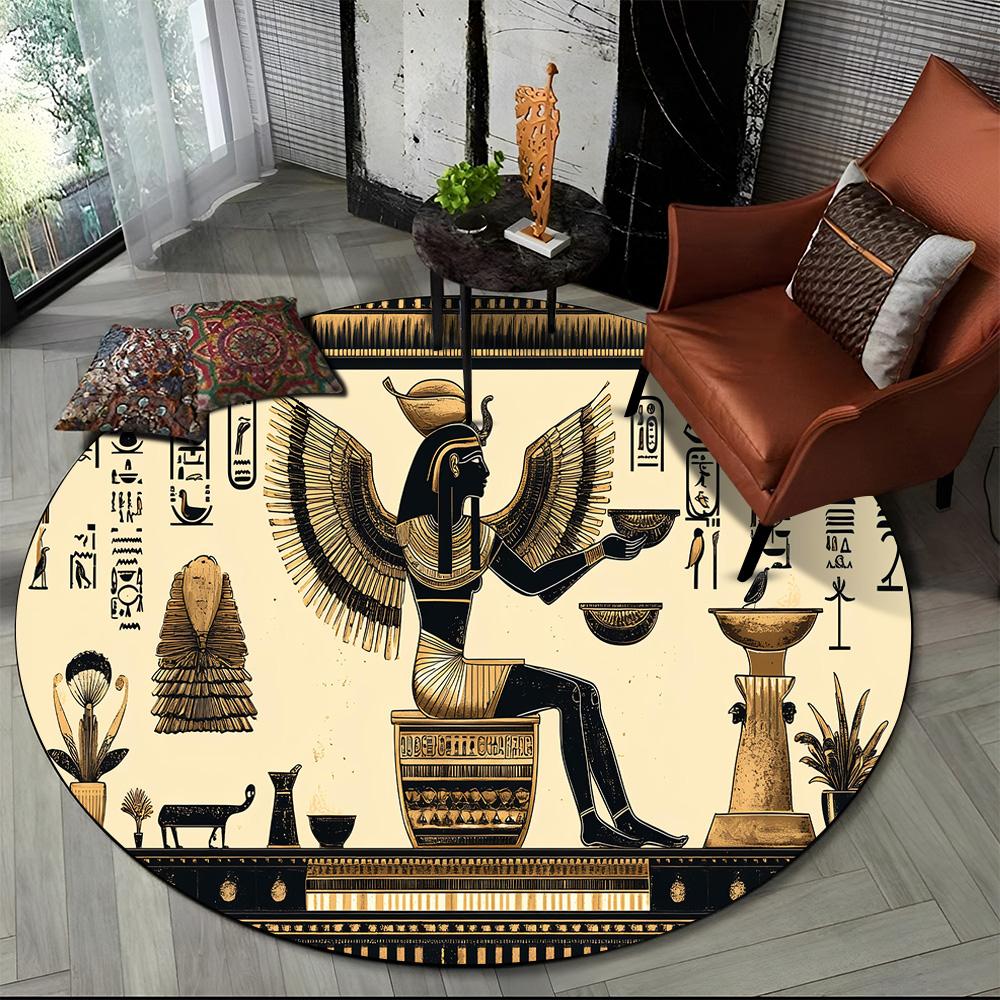2025 New Ancient Egypt Hieroglyphic Mythology Wall Painting Glyph Round Carpet Rug for Bedroom Living Room Sofa,Decor Floor Mat