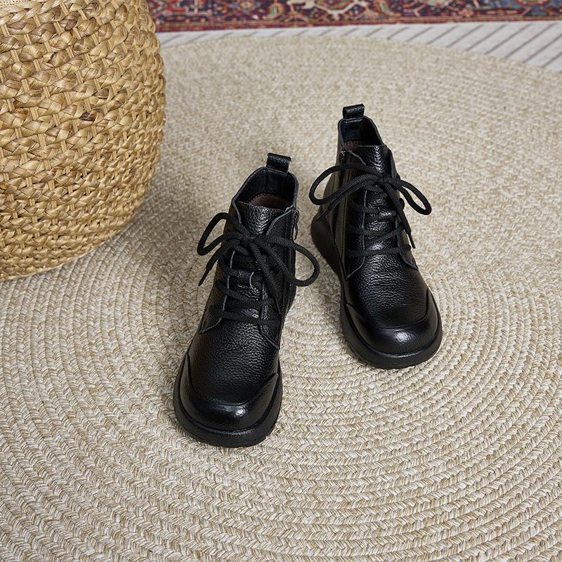 Top layer cowhide autumn single lining genuine leather women's British style thick soled lace up short boots women's casual shoe