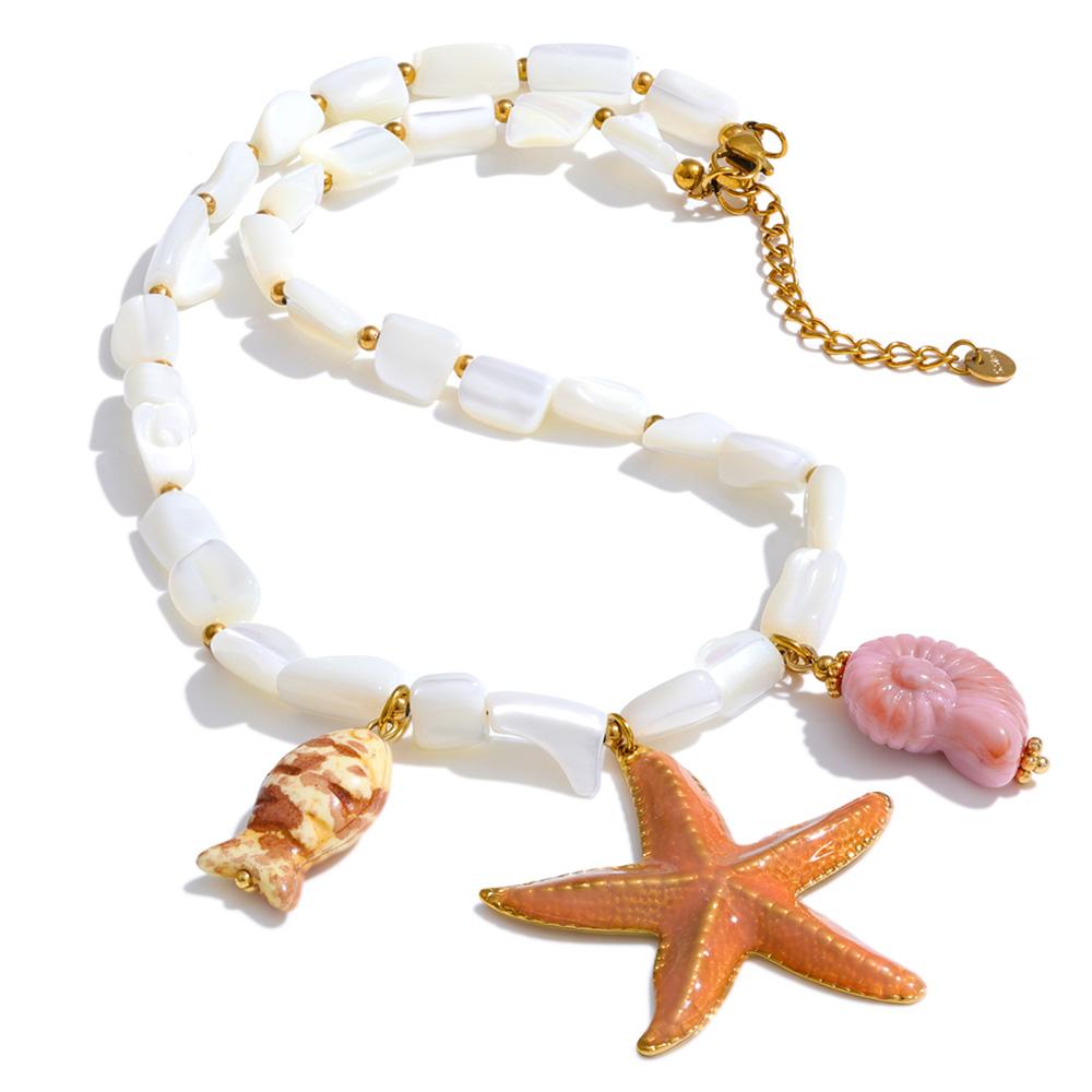 Yhpup Stainless Steel Handmade Jewelry Ocean Series Natural Shell Chain Starfish Seahorse Fish Drop Charm Summer Necklace