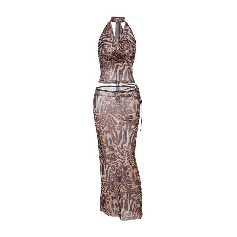 

Suit Sexy Halter Backless Halterneck Vest Sheath Dress Suit Animal Pattern Elegant Sexy Two-piece Set Women Leopard print L