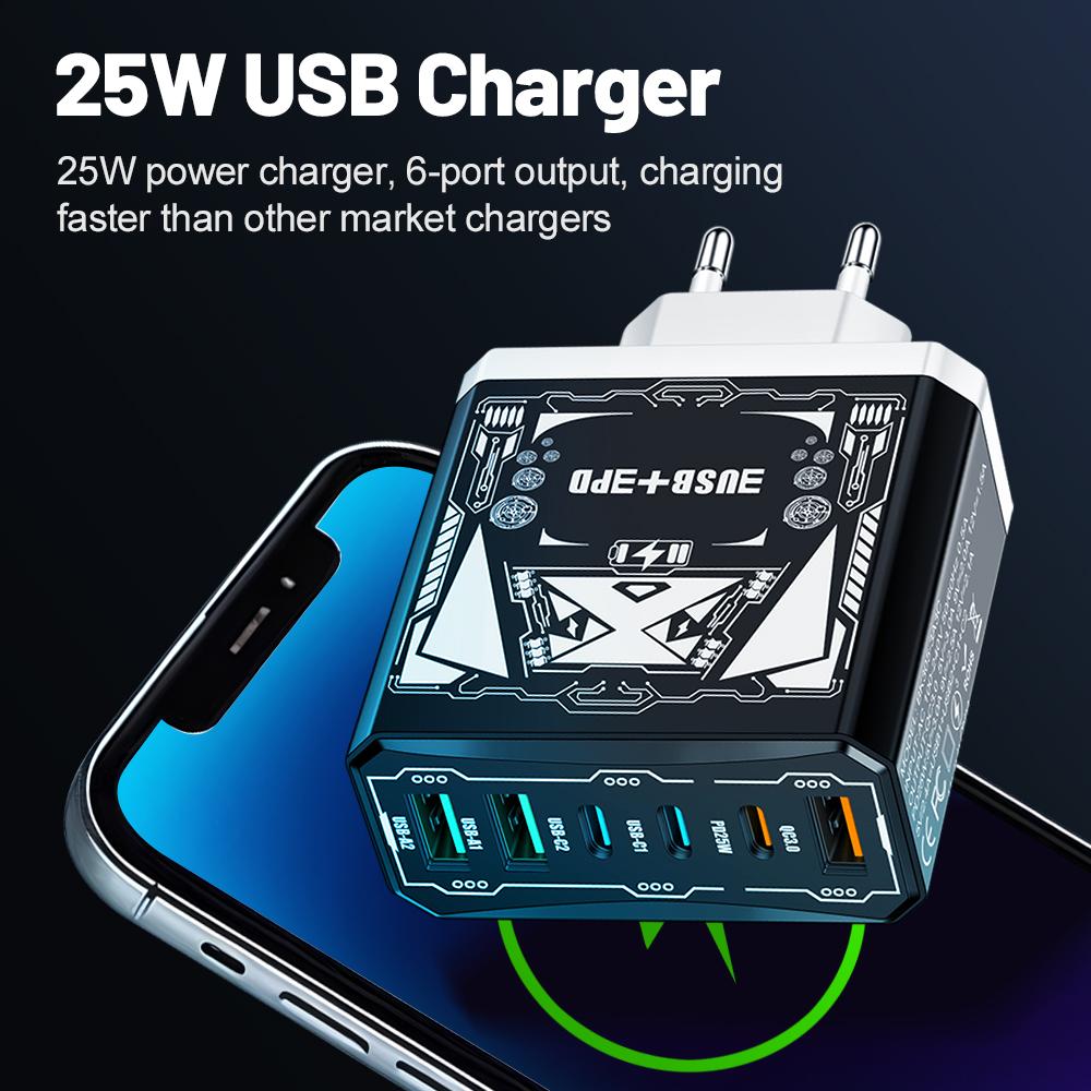 Carregador Rápido 25W 3 USB 3 PD Carregamento Rápido QC3.0 Carregador de Viagem Para iPhone Samsung Xiaomi Adaptador de Telefone Celular Tomada UE/EUA/Reino Unido