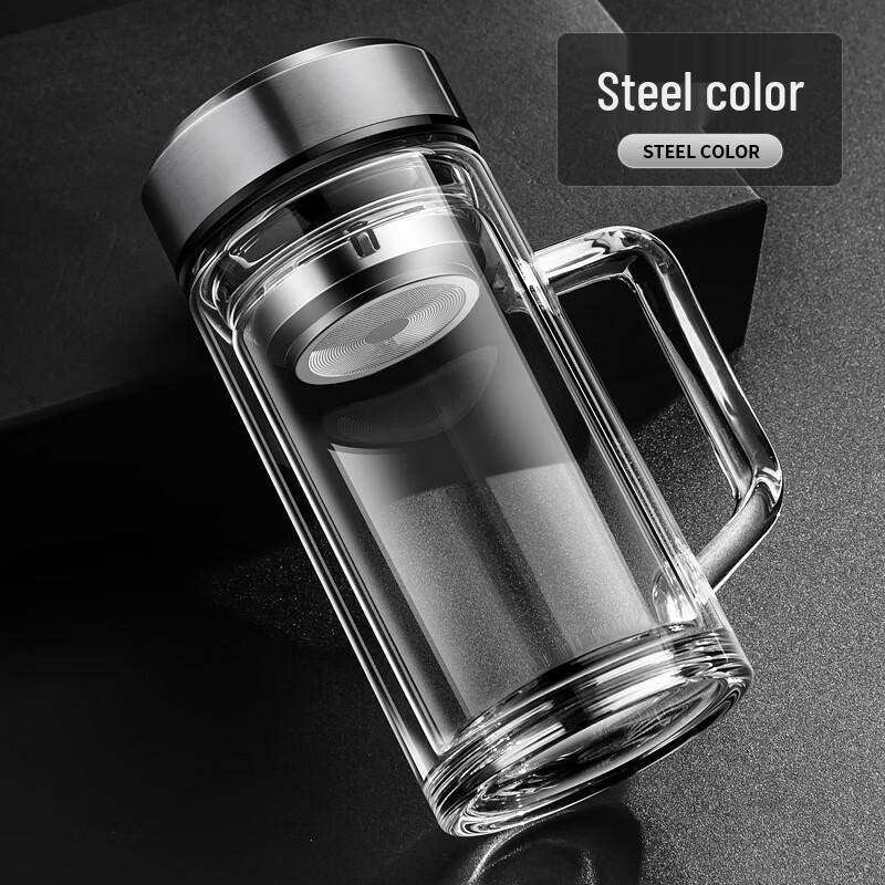 Qianxing Double-Layer Glass Tea Cup with Handle and Lid