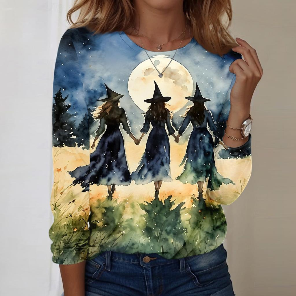 Women's Halloween Print Oversized Long Sleeve Round Neck Top