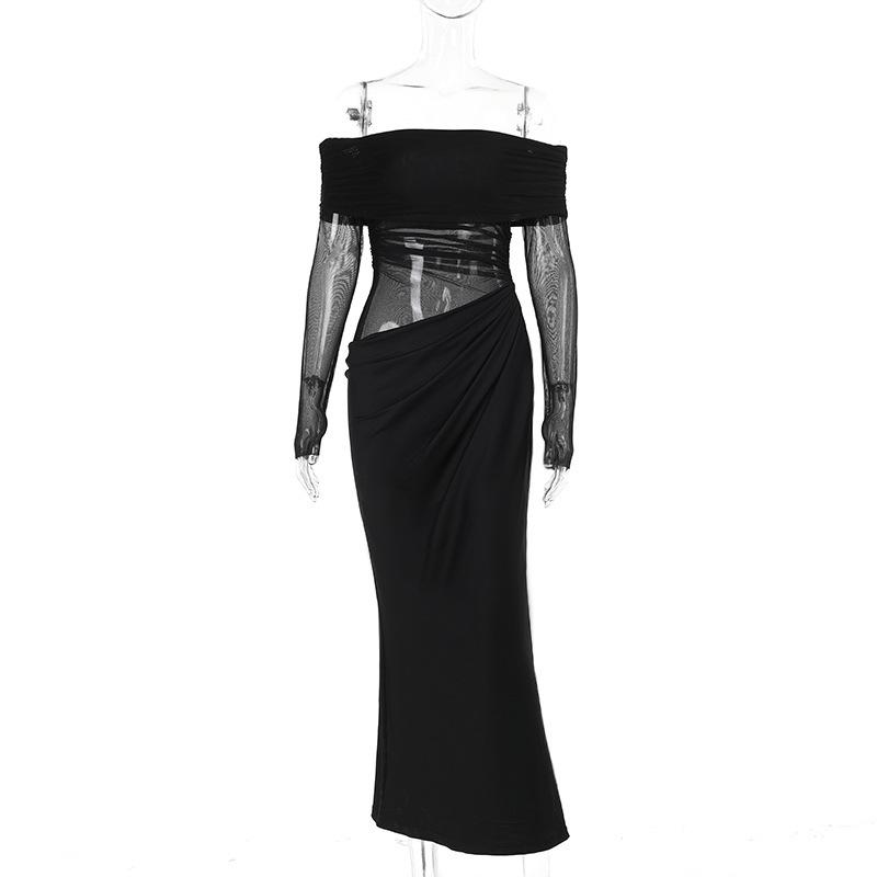 JY summer new long dress, European and American style temperament sexy one-word shoulder mesh hollow dress women