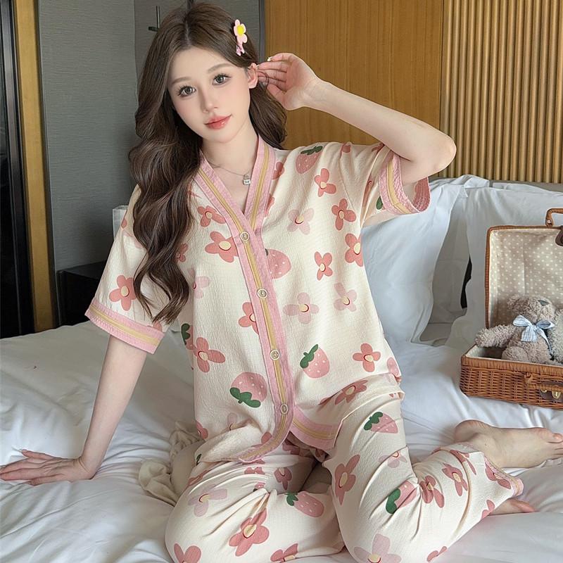 Summer short-sleeved bubble cotton yarn pleated pajamas female Internet celebrities popular trousers loungewear set
