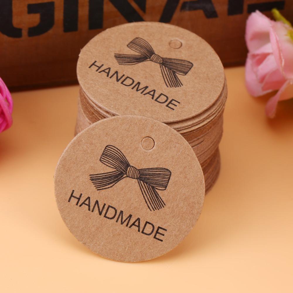 

100pcs Brown Handmade Hang Label With String Kraft Paper Tags Price Tag Gift Tags Home Made Crafts Bow Pattern