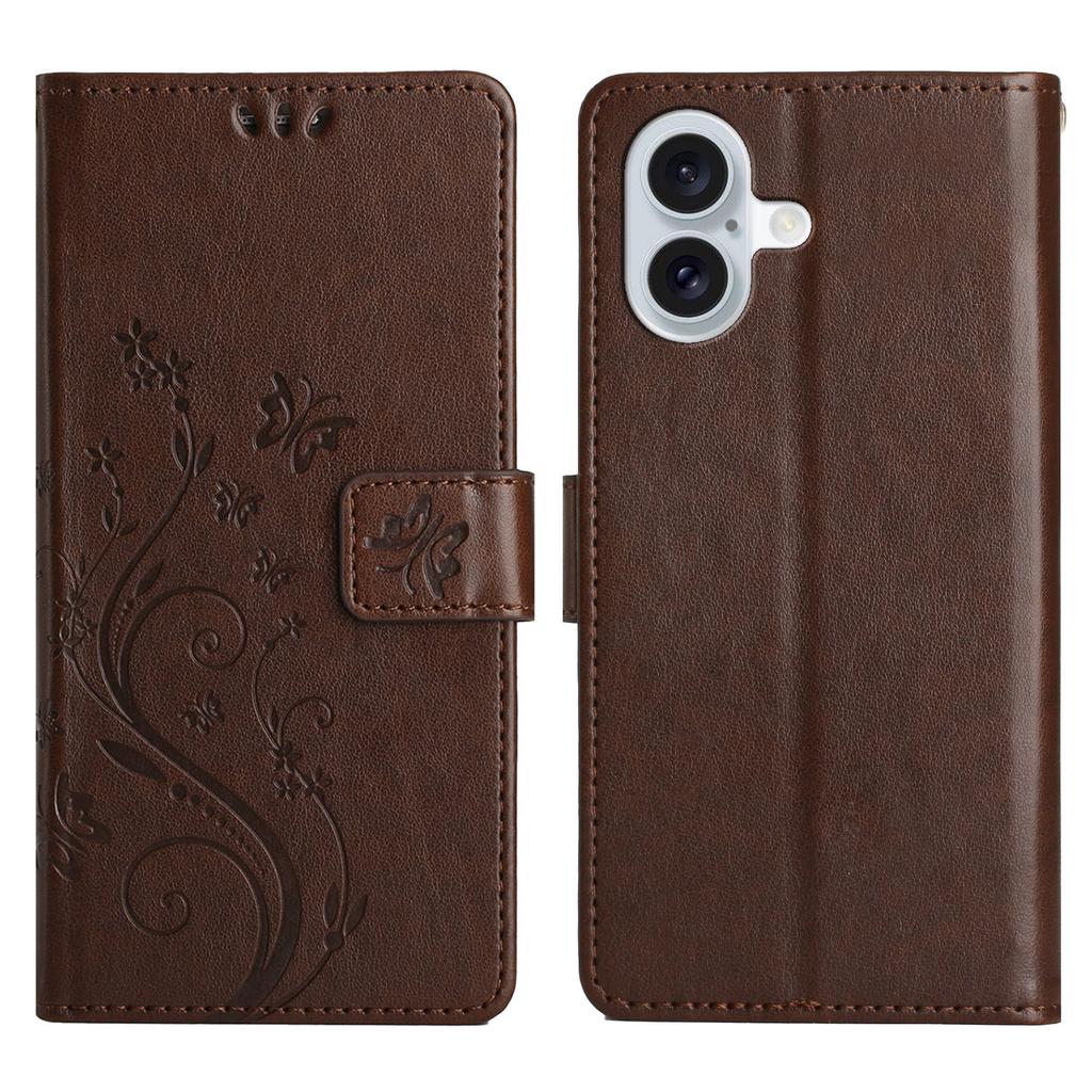 For iPhone 17 Leather Wallet Case Butterfly Flower Imprinted Phone Cover with Strap