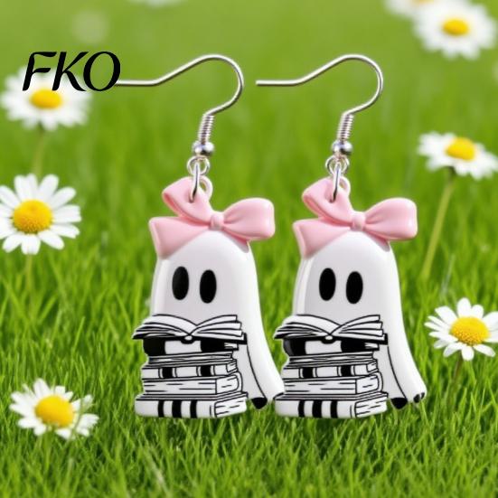Hypoallergenic Alloy Hooks Cute Reading Ghost Earrings, Sweet Bowknot Drop Polished Acrylic Charms Lightweight Halloween Jewelry for Women Girls
