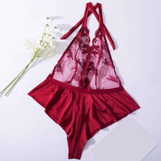 Women Nightdress Halter Neck See-through Lace Off Shoulder Open Crotch Bodysuit Sleeveless