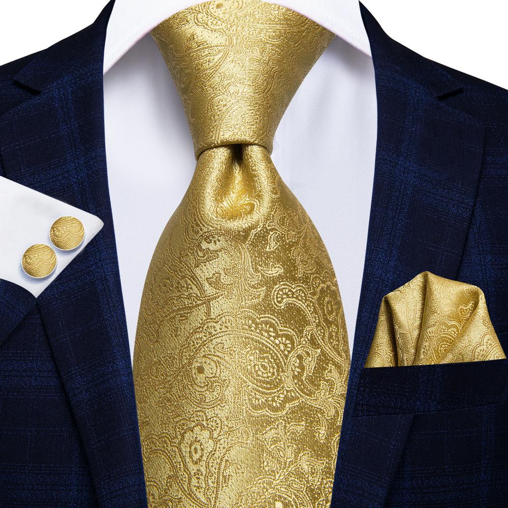 Hi-Tie Mens Golden Silk Tie Business Wedding Necktie Hanky Cufflinks
