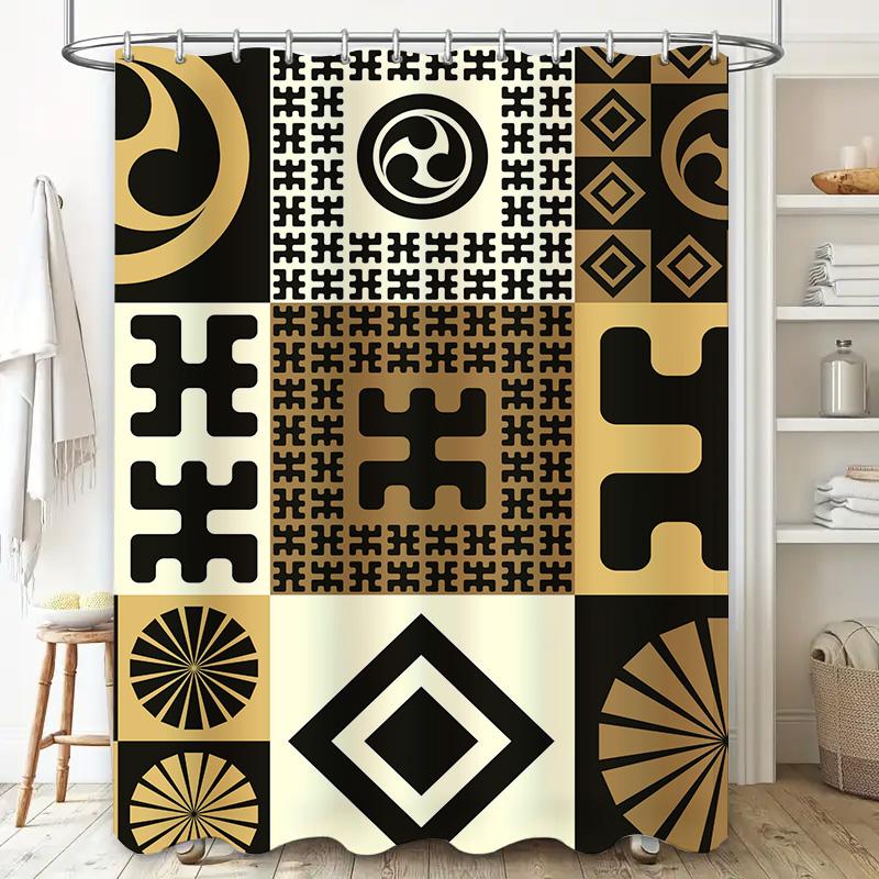 Retro Geometric Puzzle Pattern Shower Curtain For Bathroom Decor Black Gold 3D Design Waterproof Fabric Size: W72 X L84 Inches