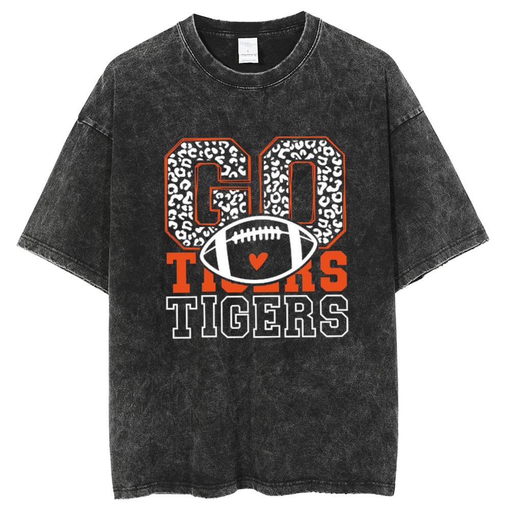 Go Tigers Letter Print Women T-Shirt Wash Oversized Unisex Couple Short Sleeve Street Hip Hop Top Sweetheart Y2k Tees