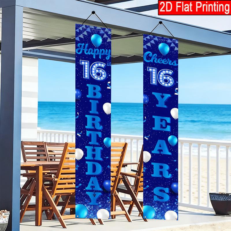 2D Flat, 2pcs 2D Flat 16th Birthday Happy Blue and Black Themed Porch Banner, 30.48x179.83 cm Polyester Door Couplet, 16th Birthday Confetti Balloon D