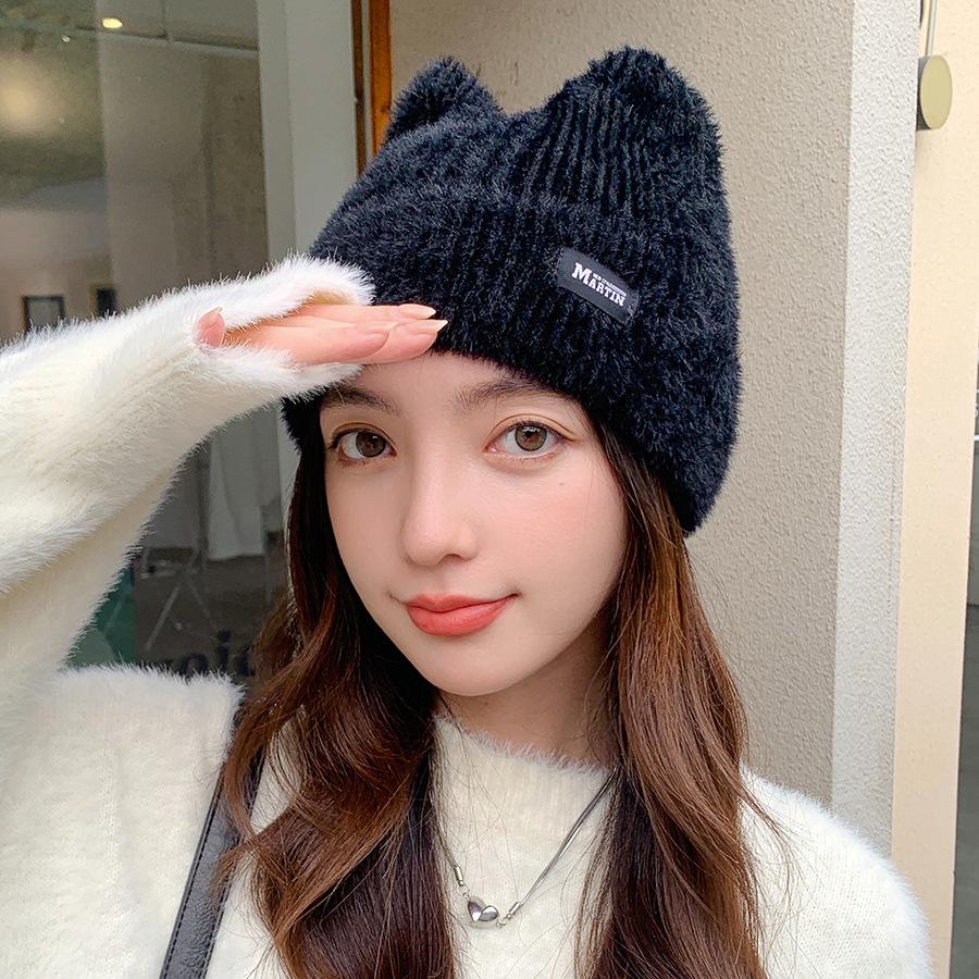 Women Cute Cat Ear Christmas Winter Plush Beanies Cute Cat Ear Wool Hat  Cute Thick Plush Knitted Hat Warm Ear Protection Hats чёрный