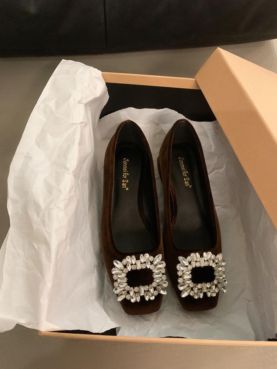 

Туфли-лодочки на грубом каблуке со стразами, женская обувь, новинка весны и осени 2025 года, черные туфли с квадратной головкой, высокого класса для поездок на работу 39 коричневый