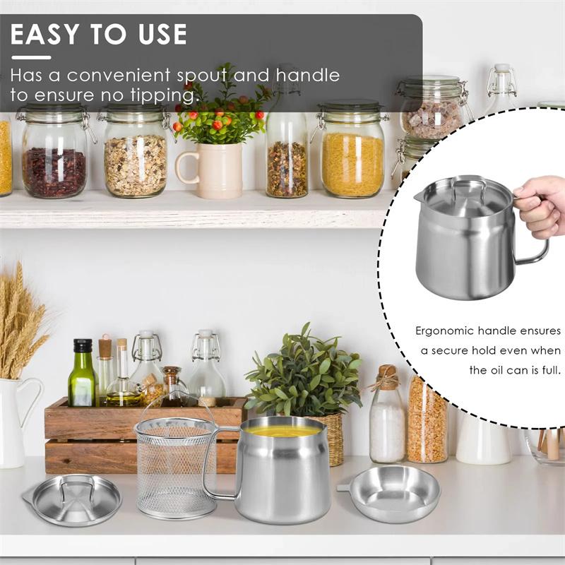 Oil Strainer Pot 304 Stainless Steel Oil Filter Large Capacity Ergonomic Handle Grease Container With Strainer Oil Storage Can