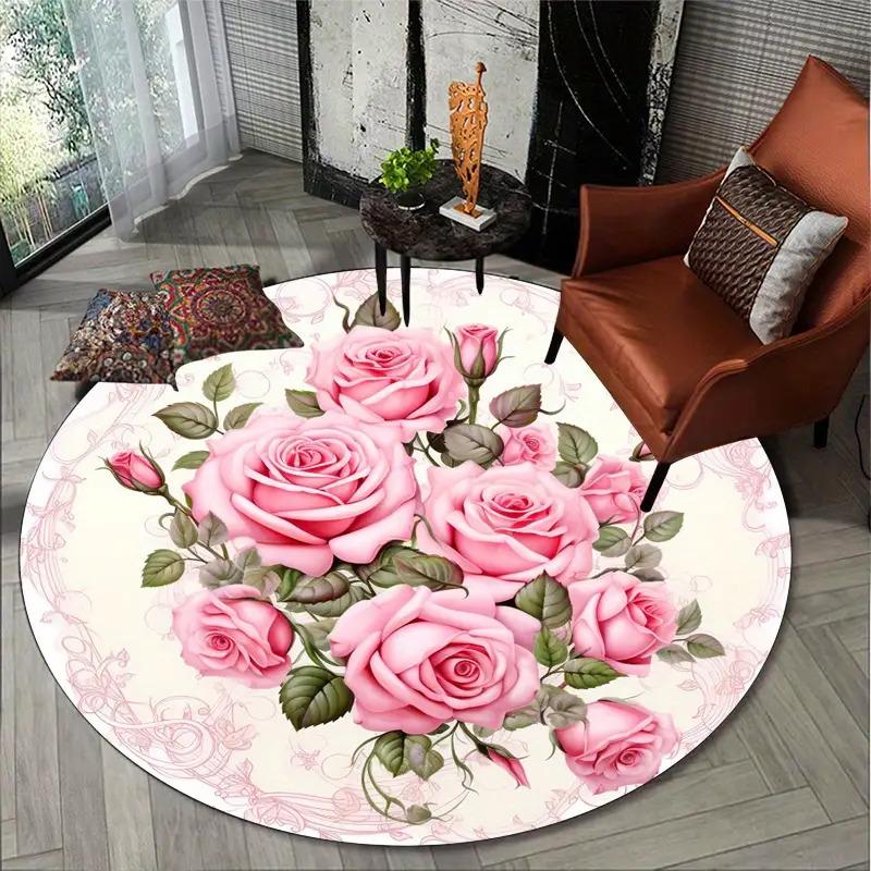 Modern Botanical Flower Round Carpet Soft Non-Slip Decorative Doormat Machine Washable Floor Rug for Kitchen Bathroom Office