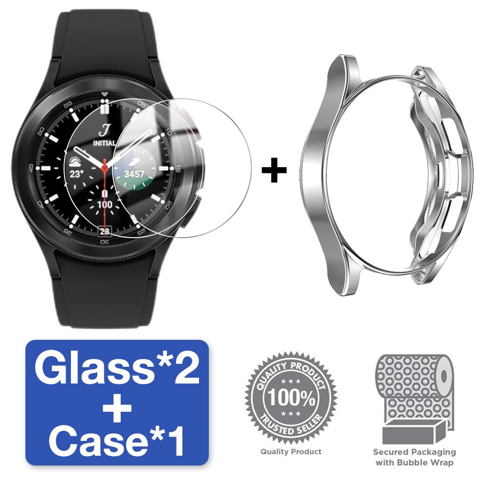 

Чехол + Закаленное стекло для Samsung Galaxy Watch 4 Classic 42/46 мм Защитная пленка для экрана от царапин и бампер Защитный чехол-накладка Watch 4 Classic 46mm серебряный