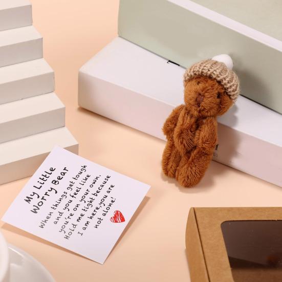 Mini Plush Bear Doll My Little Worry Bear Handmade Gift with Inspirational Card Pocket Bears Hug Plush for Graduation Colleagues & Motivational