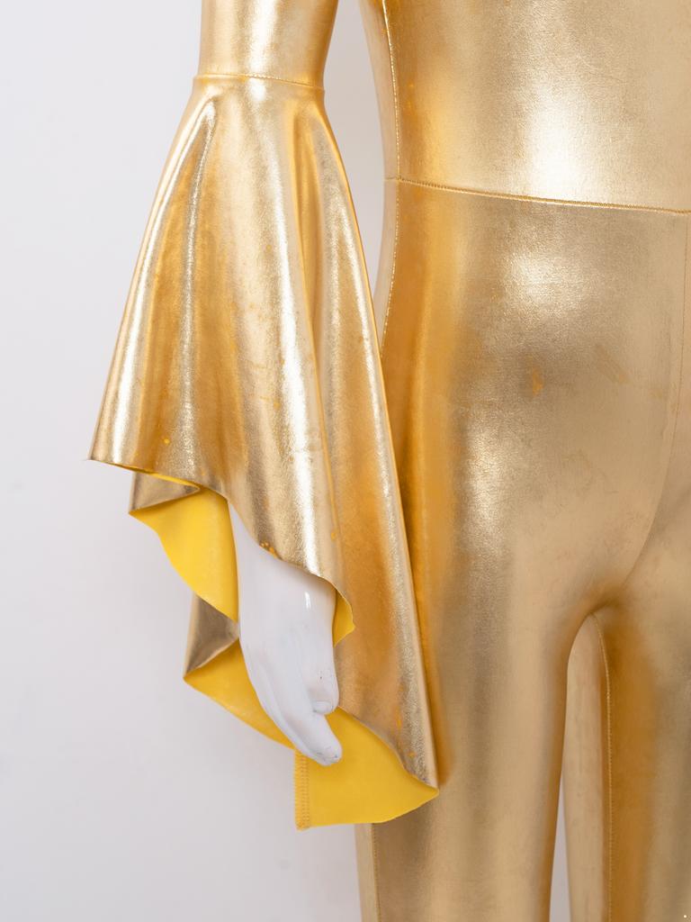 Mädchen Metallic Glänzend Schlaghose Jumpsuit Ein Schulter Schlagärmel Tanzkostüm für Karnevalsparty
