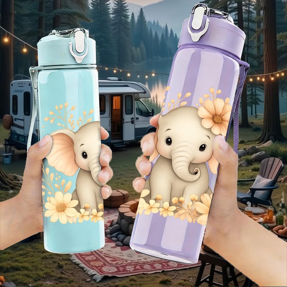 1PC Floral Baby Elephant Cartoon 750ml Color Plastic Sports Water Bottle Leakproof Flip Straw Lid Suitable for Sports Office Home Use