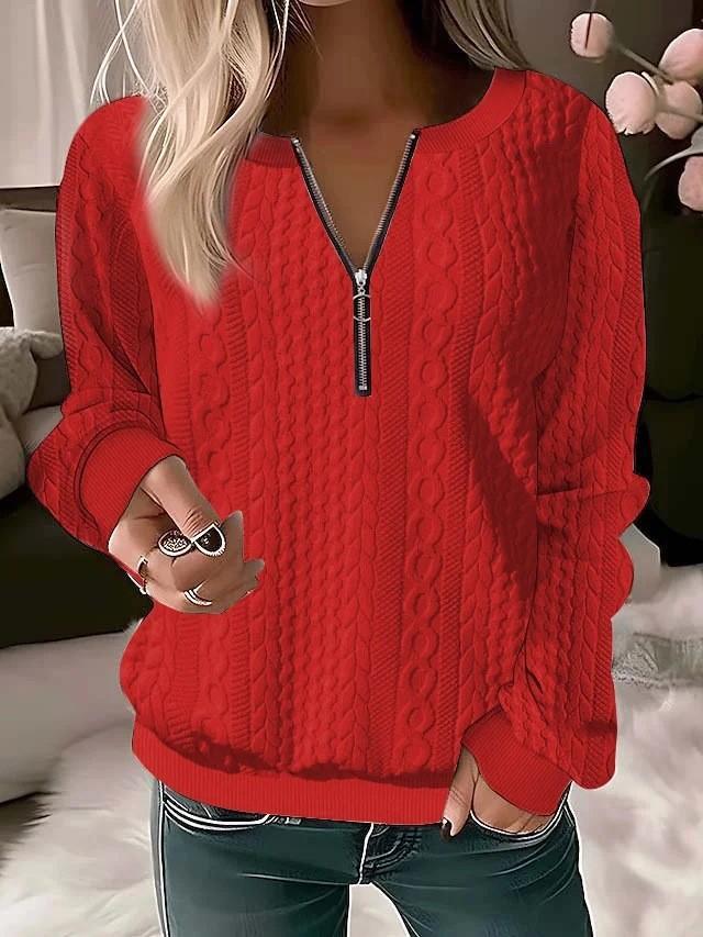 Women's Round Neck Blouse Quarter Zip Textured Knit Long Sleeve Pullover Sweatshrit
