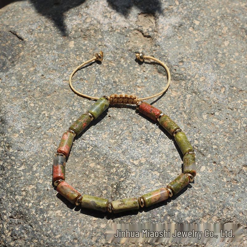 Bohemian Retro Green Agate Bamboo Bracelet - Adjustable and Woven Design