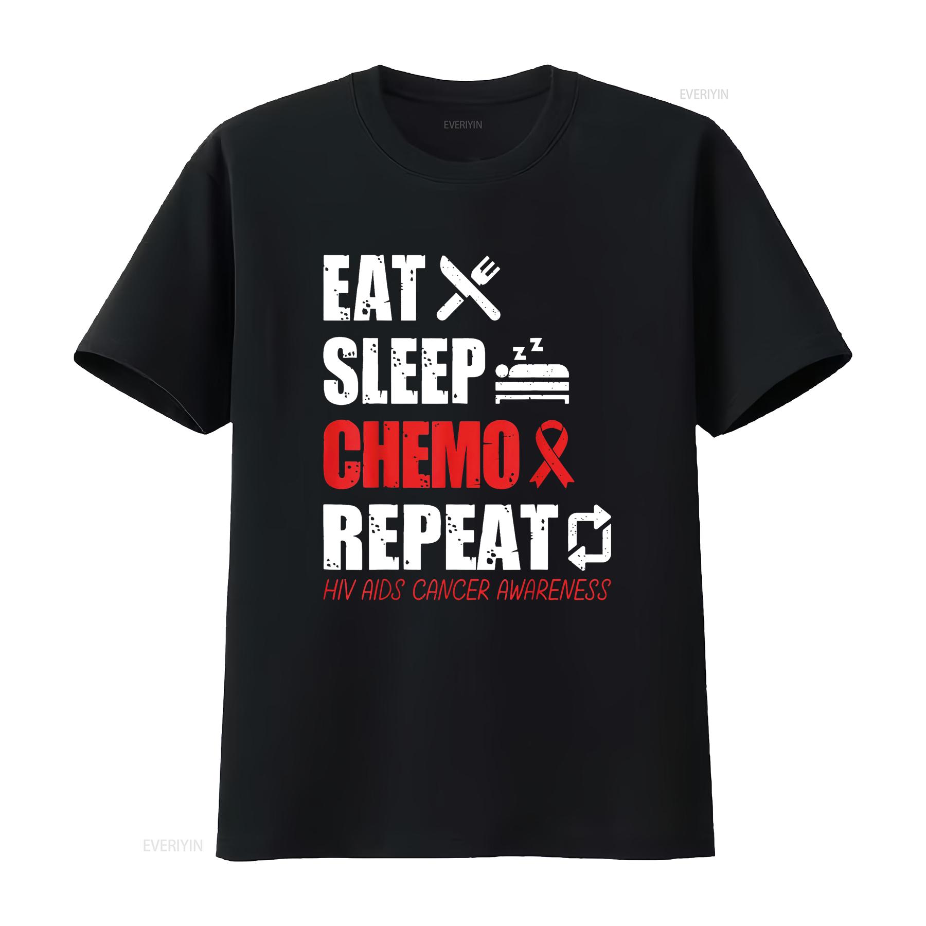 

Womens Eat Sleep Chemo Repeat Red Ribbon HIV AIDS Cancer Awareness T Shirt Black vintage Washed Top For Everyday Wear Stylish 4XL