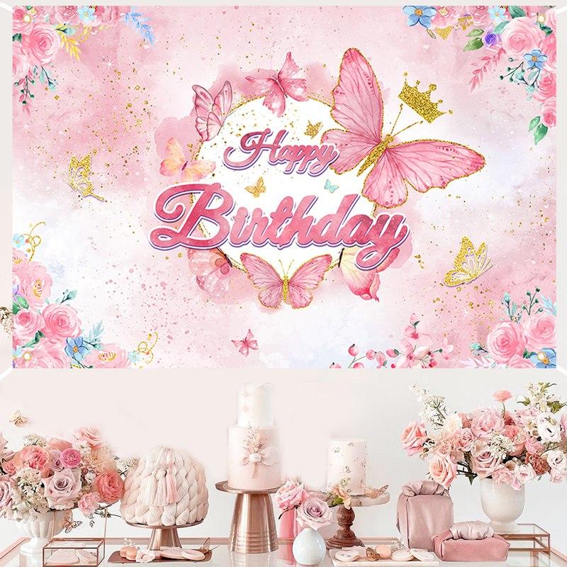 Pink Purple Butterfly Flower Birthday Backdrop Banner Butterfly Birthday Party Decoration Kids Wedding Birthday Girl Baby Shower