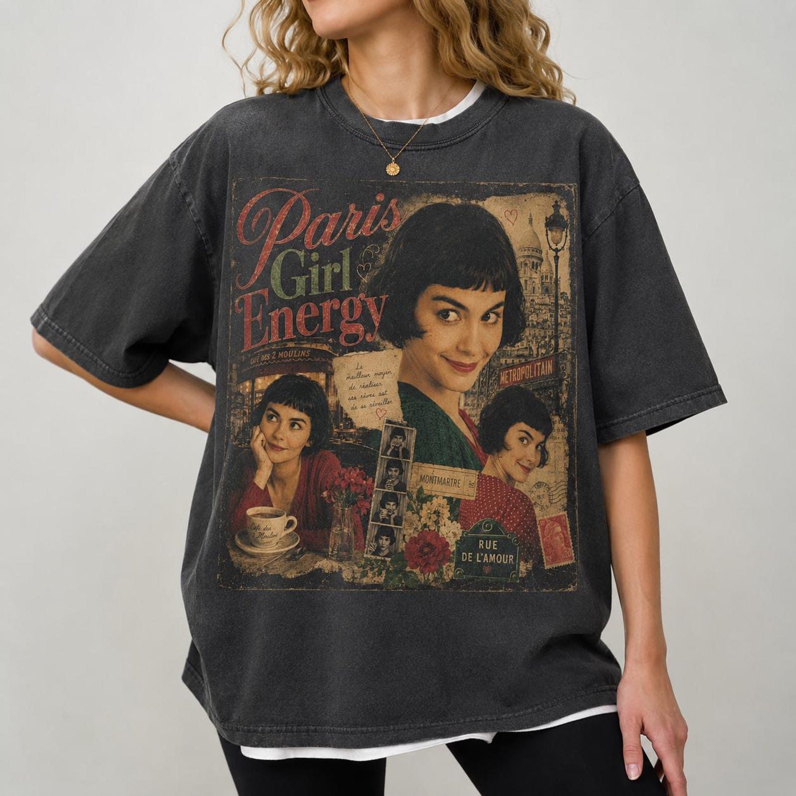 Paris Girl Energy Amelie Movie Poster T-Shirt, Retro French Cinema Graphic Tee M