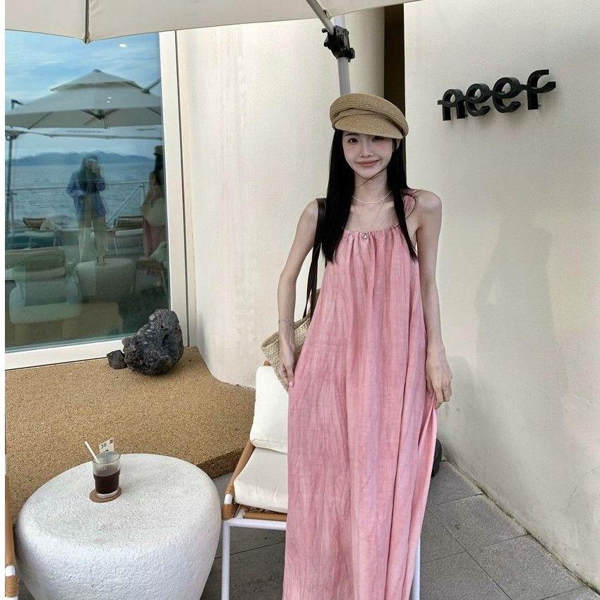 Pink Suspender Long Dress Women's Summer New Seaside Vacation Beach Dress Neck Design Niche Skirt