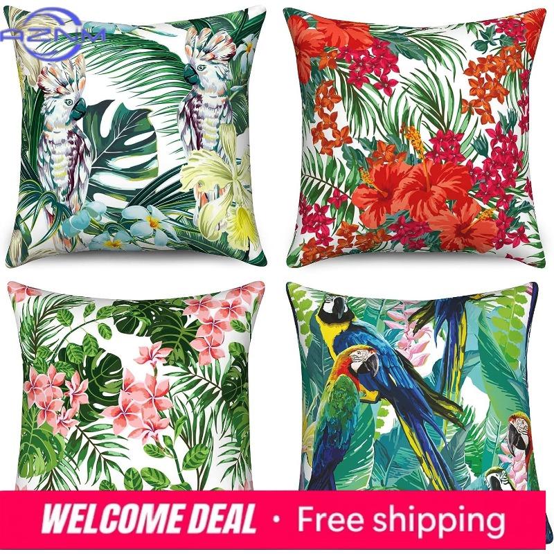 Hawaiian Pillowcase Parrot Tropical Plant Pillowcase Palm Leaf Pillowcase Cushion Cover Decorative Home Outdoor Courtyard