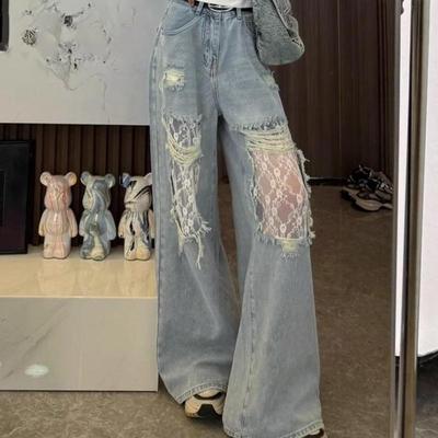 Spring Summer High-Waist Lace-Trimmed Distressed Jeans for Women Loose Wide-Leg Straight Pants Patchwork Design Trendy Pants