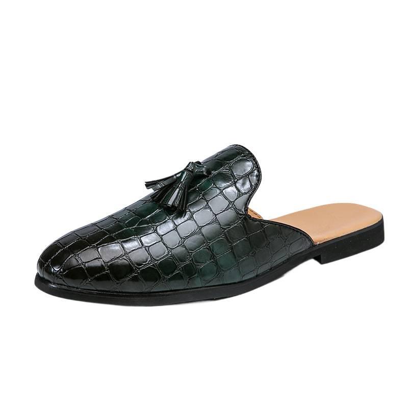 New British Fitting Room Half-tray Leather Shoes, Foot Cover Tassel Block Flower Leather Shoes, Men's Casual Slippers, Leather Shoes