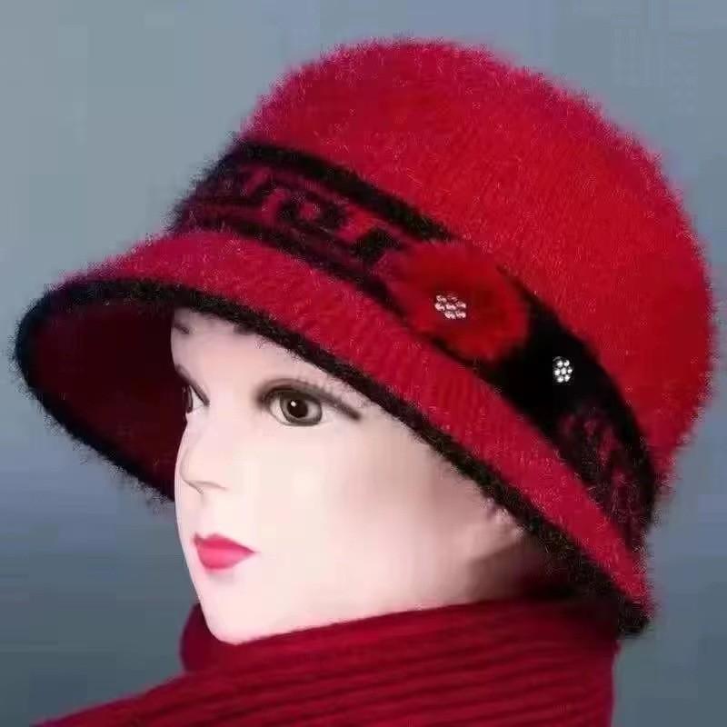 Autumn Winter Old Lady Hat with Velvet Large Brim Basin Hat Middle-aged Elderly Warm Knitted Hat Fashionable Mother's Knitted Hat Female