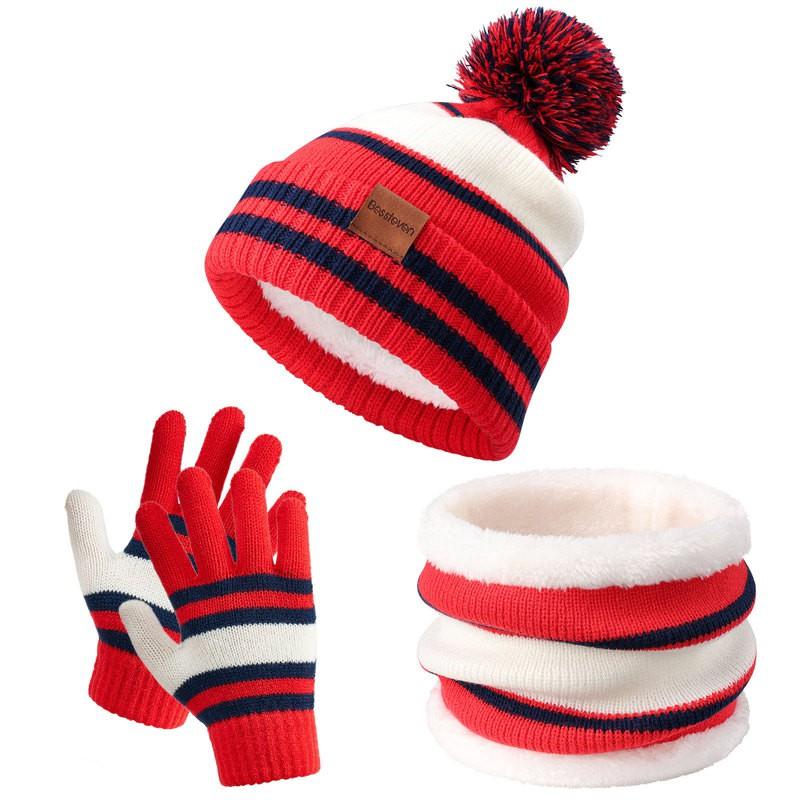 Kids Winter Warm Hat Scarf Gloves Set 3-Piece Knit Accessory Christmas Holiday Toddler Red Black Combo 189g