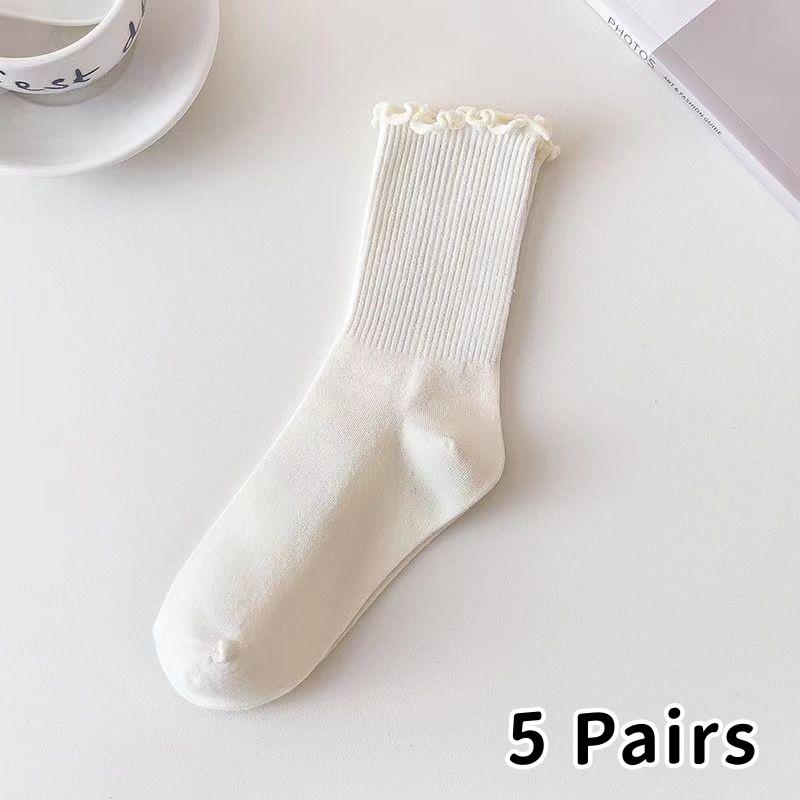 5/6 Pairs Women Anti Slip Lace Round Neck Socks Fashionable Lace Vertical Stripes Soft Comfortable Sweat Absorbing Casual Socks
