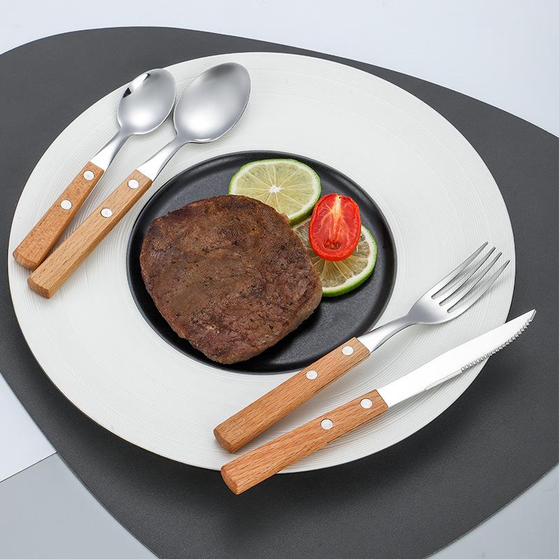 304 Stainless Steel Knife, Fork and Spoon Four-piece Set, Japanese-style Western Tableware, Flower Pear Wooden Handle, Steak Knife, Fork and Spoon Set