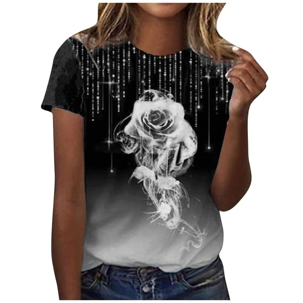 Women's  Fashion Summer New Round Neck Rose Print Short Sleeve Casual T-shirt Top