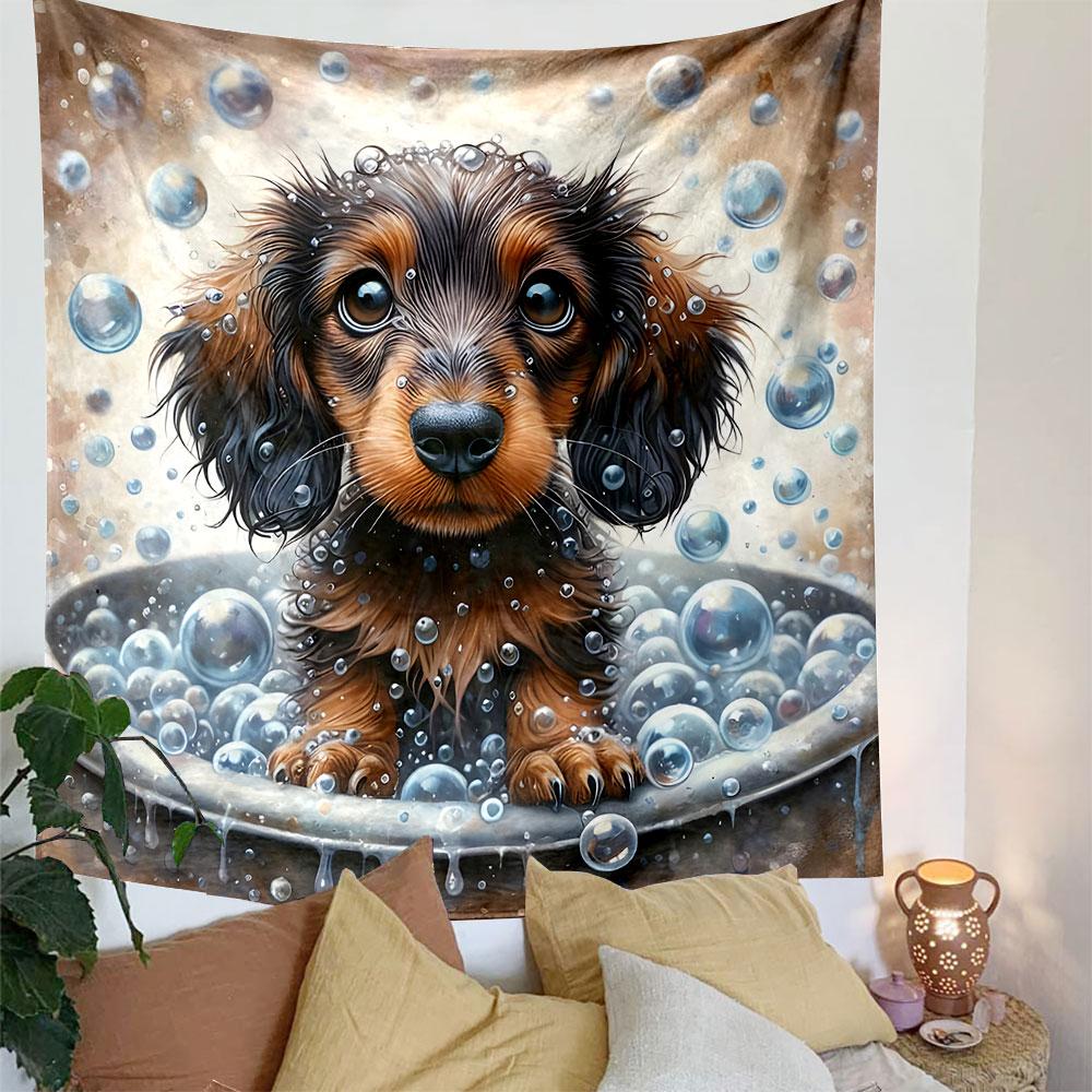 Cute Dachshund Puppy in Bubble Bath Patterned Tapestry Decorative Wall Hanging, Home Bedroom Living Room Decor