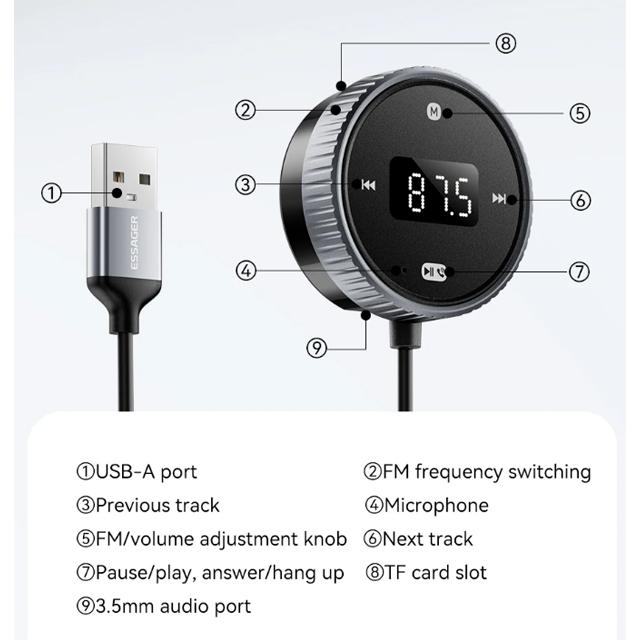 Essager Car Bluetooth 5.3 FM Transmitter Built-in Mic Handsfree LED Display 3.5mm AUX Adapter MP3 Music Player With TF Card Slot