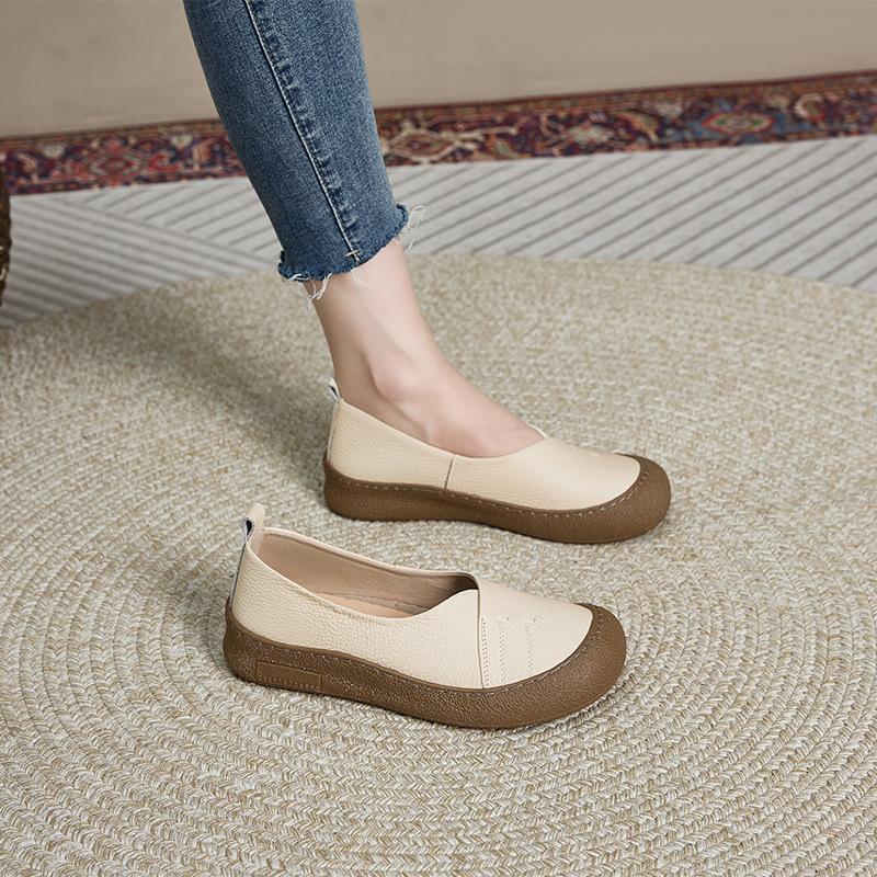 The First Layer of Cowhide Autumn Leather Women's Round Head Loose and Simple Women's Single Shoes One Pedal Casual Shoes