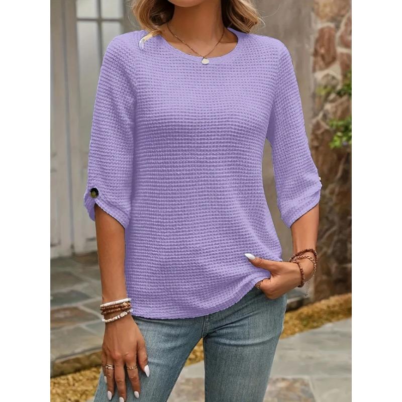 Vår Höst Dam Casual T-shirt Mellanlång Våffla Elegant Temperament Topp