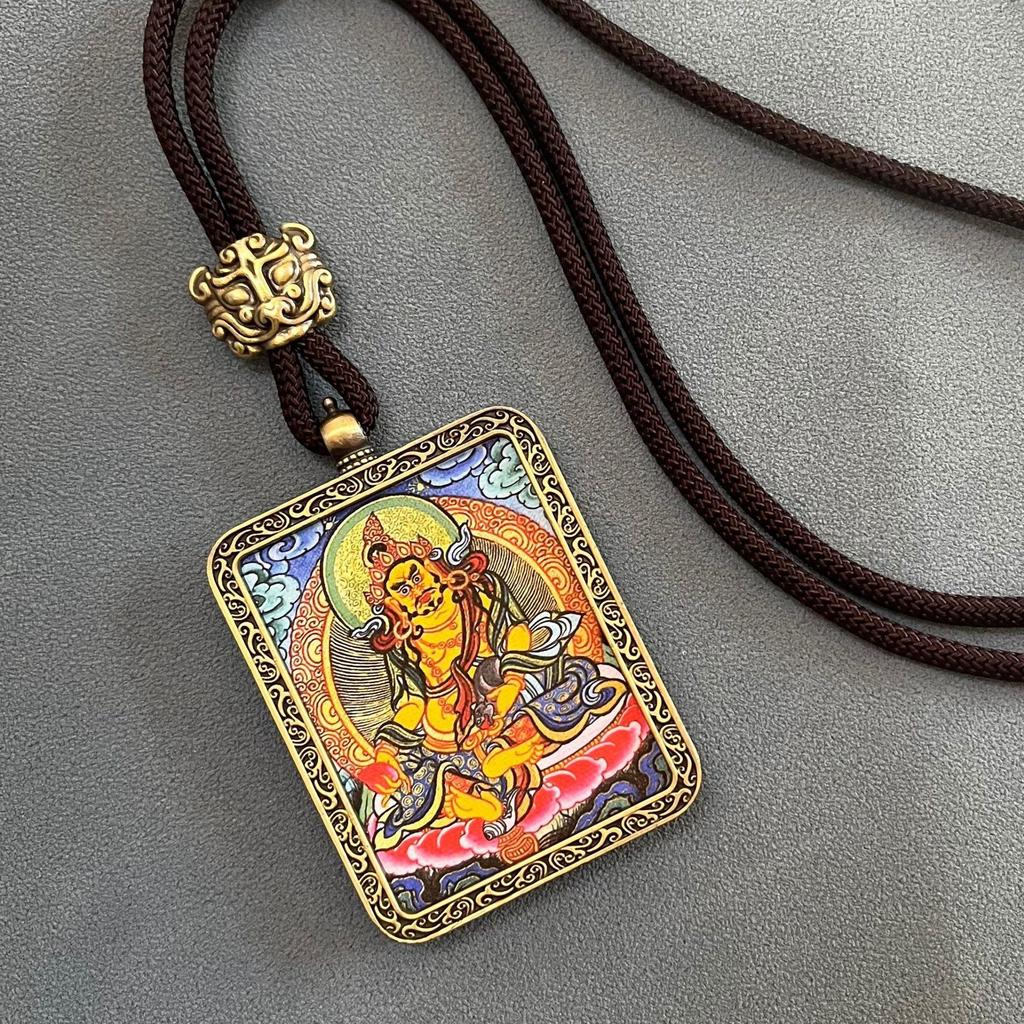 Thangka Pendant Necklace - Yellow & Black Guardian Buddha Amulet