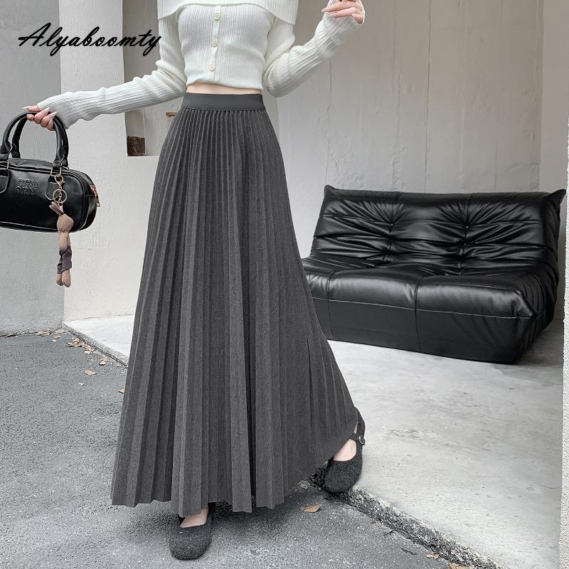 Elegant Fashion Autumn Winter Women Midi Skirt Elastic Waist Grey Black Purple Brown Navy Woolen Skirt Feminine Pleated Wool Warm Skirt