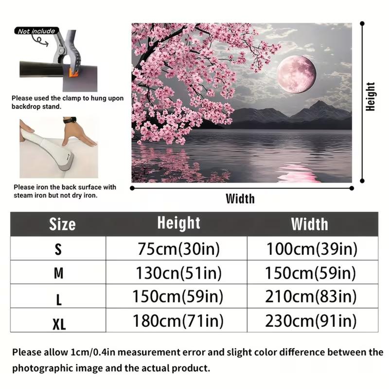 2D Cherry Blossom Full Moon Backdrop Lake Mountain Background