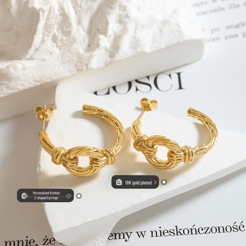Elegant Geometric Knot Earrings: C-Shaped, Titanium Steel, Gold-Plated, European & American Chic Style